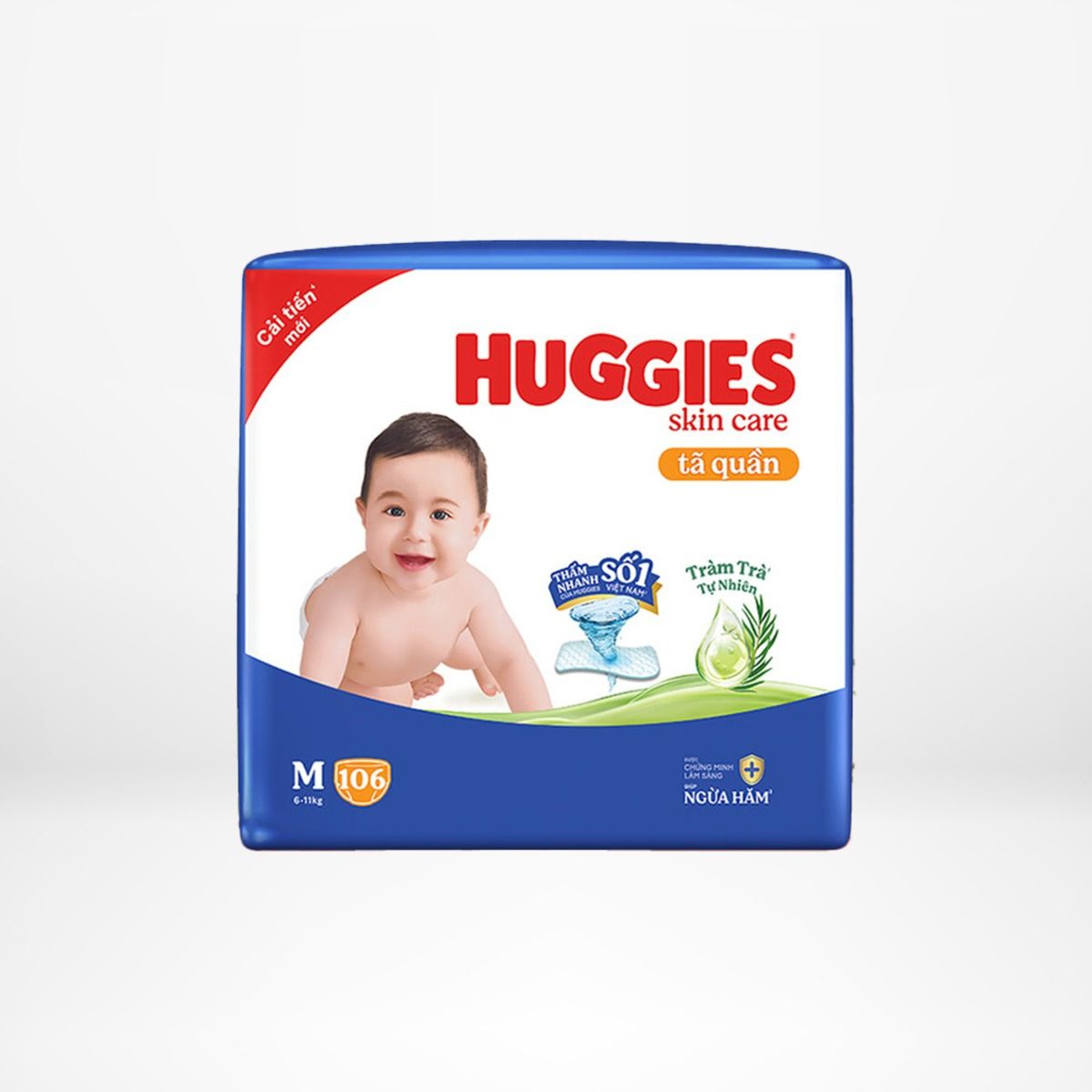 Gói Tã/bỉm quần HUGGIES SKINCARE MEGA JUMBO size M106 miếng/M 102+4 miếng
