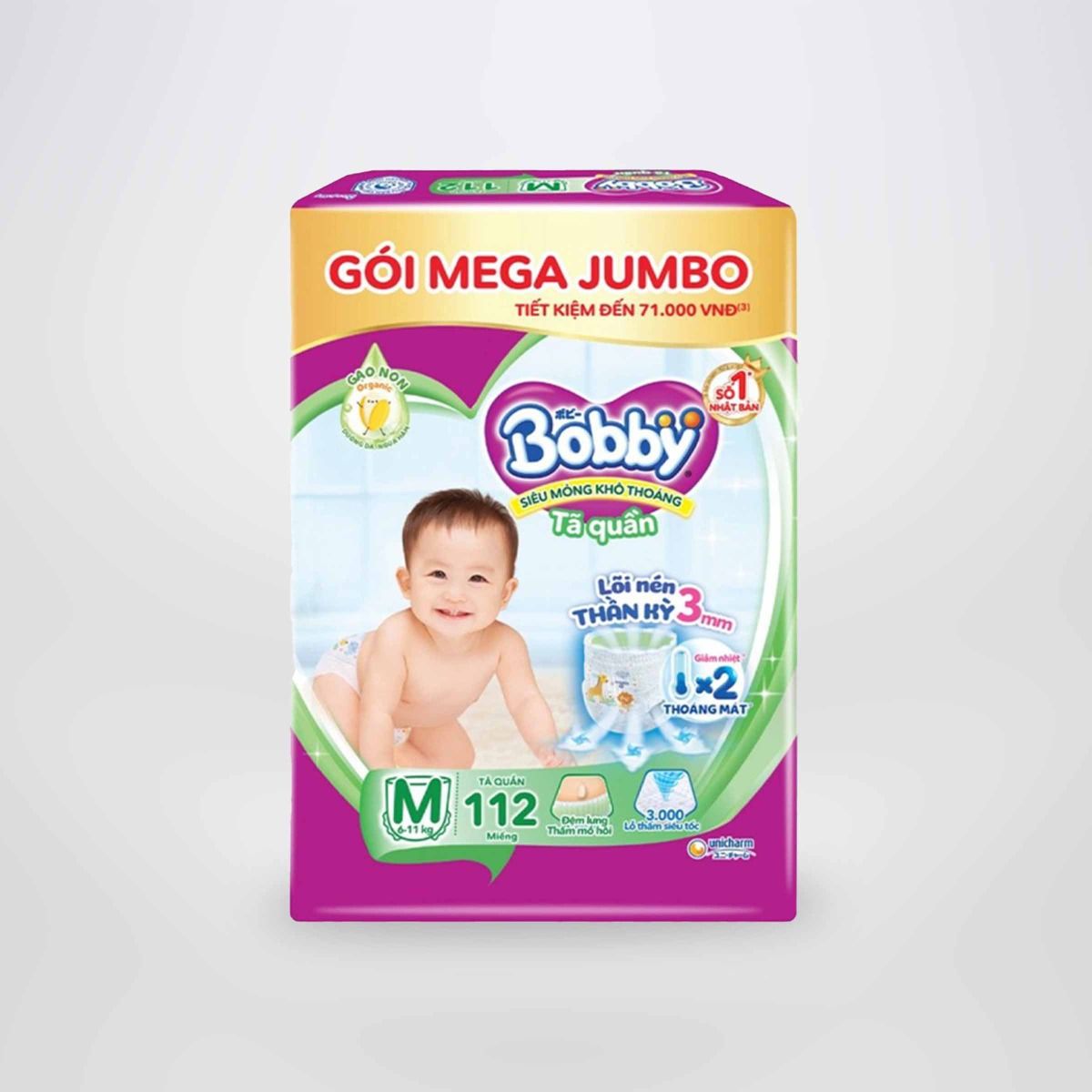 Tã quần Bobby 3mm Mega Jumbo Gạo non