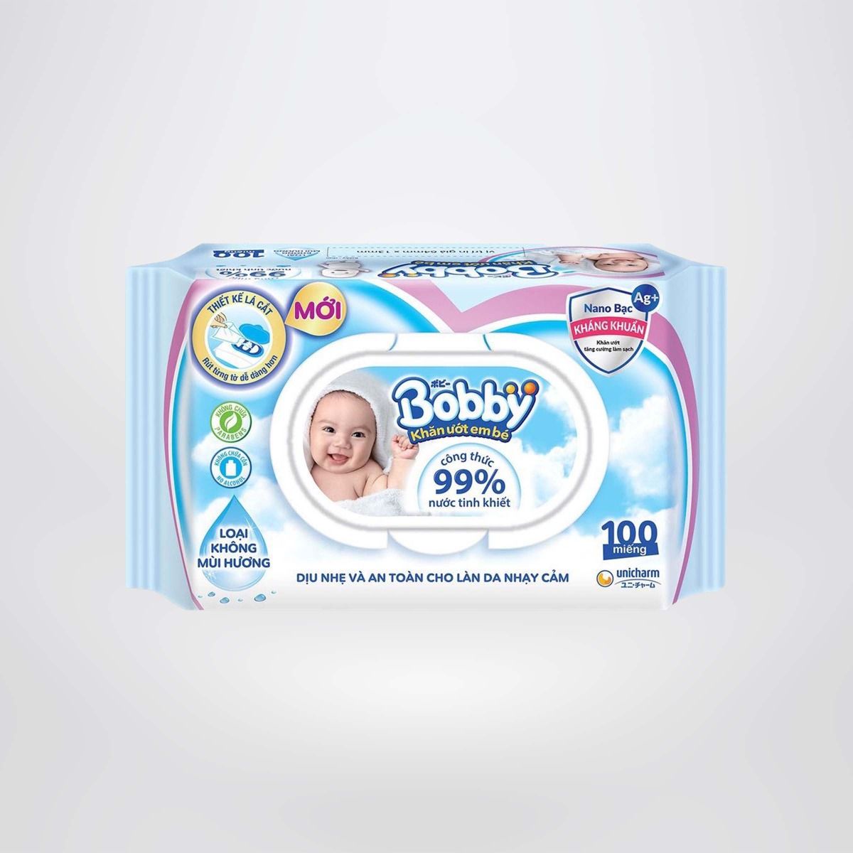 Bộ 4 gói Khăn ướt Bobby không mùi 100 tờ/gói (Xanh)