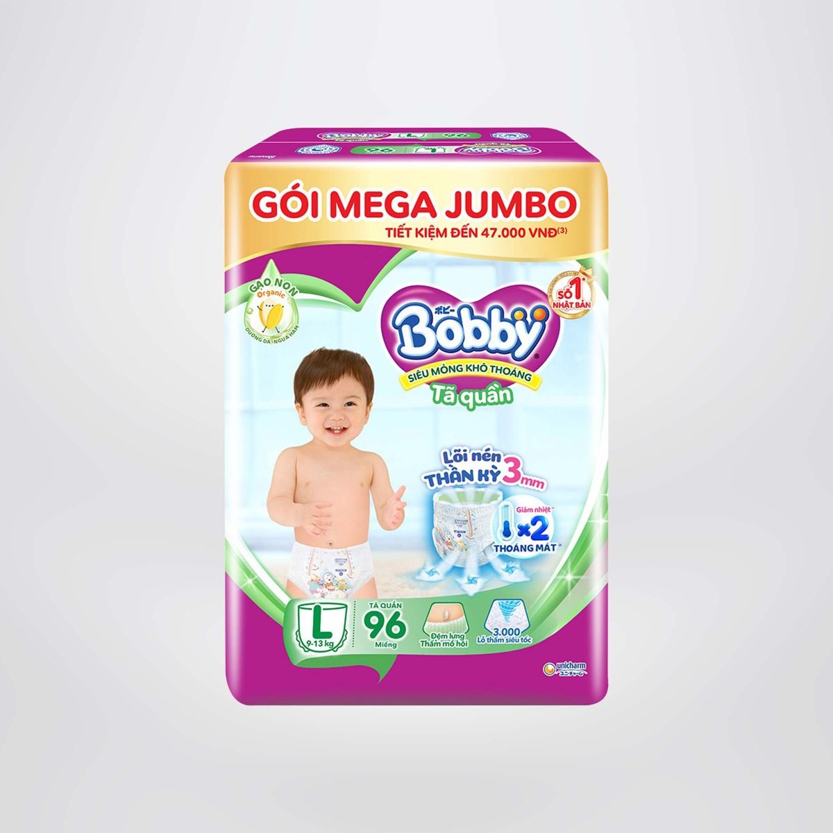 Tã/bỉm quần Bobby 3mm Mega Jumbo Gạo non L96