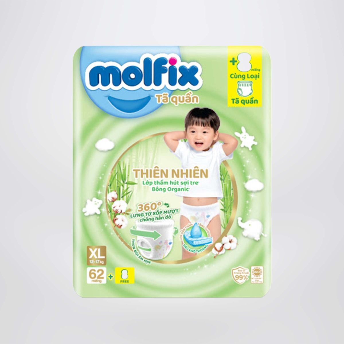 Tã quần thiên nhiên Molfix Ultra XL (12kg - 17kg) Gói 62+8 miếng