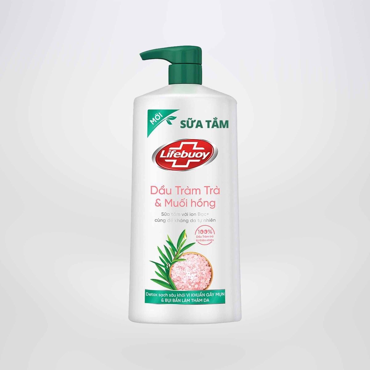 Sữa tắm detox bụi mịn Lifebuoy Dầu Tràm trà và Muối hồng 800G hiết xuất từ thiên nhiên ngừa mùi cơ thể và sạch sâu khỏi bụi mịn (Chai)