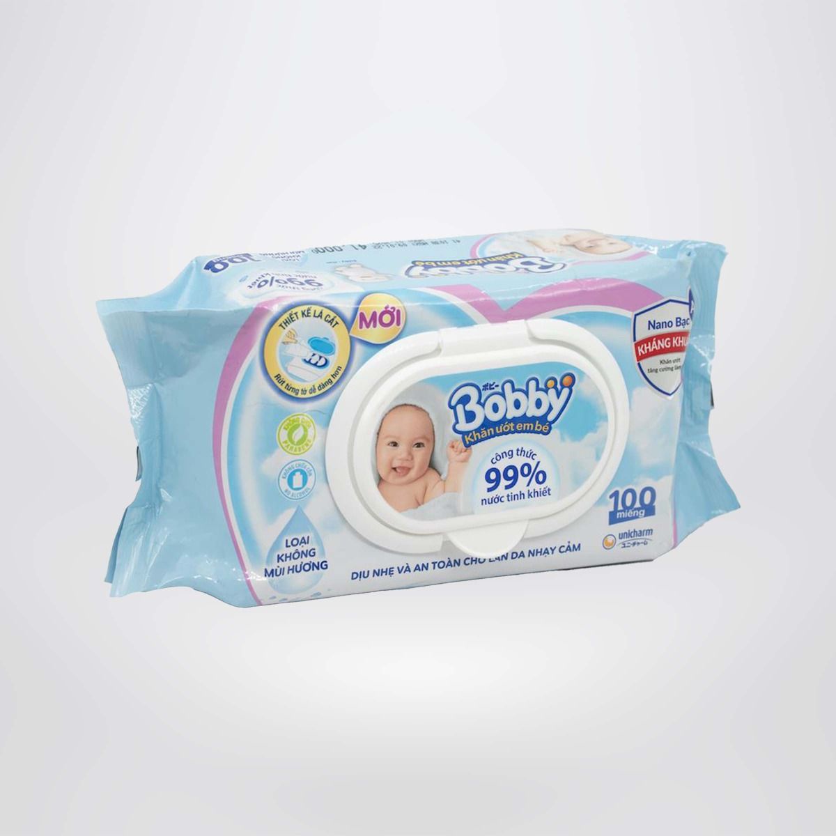 Bộ 4 gói Khăn ướt Bobby không mùi 100 tờ/gói (Xanh)