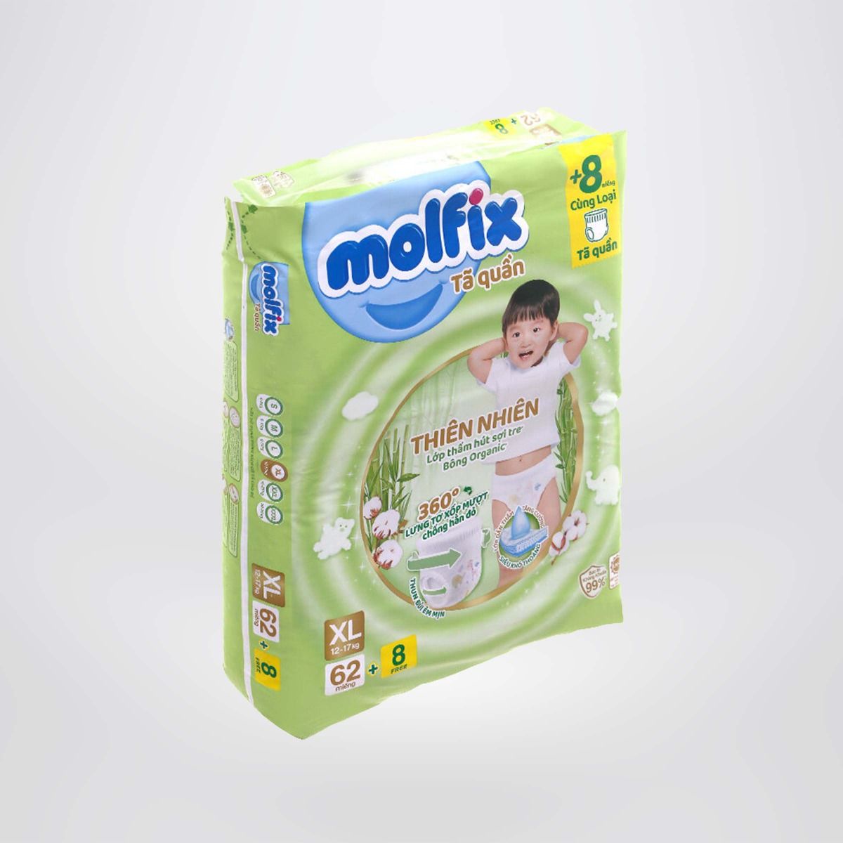 Tã quần thiên nhiên Molfix Ultra XL (12kg - 17kg) Gói 62+8 miếng