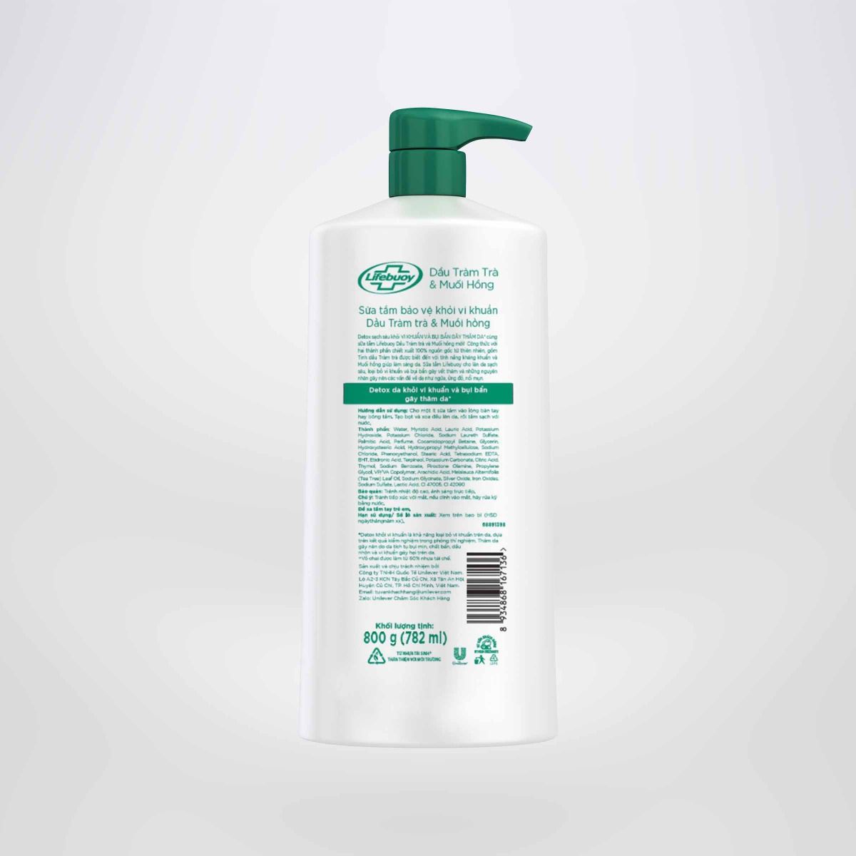 Sữa tắm detox bụi mịn Lifebuoy Dầu Tràm trà và Muối hồng 800G hiết xuất từ thiên nhiên ngừa mùi cơ thể và sạch sâu khỏi bụi mịn (Chai)