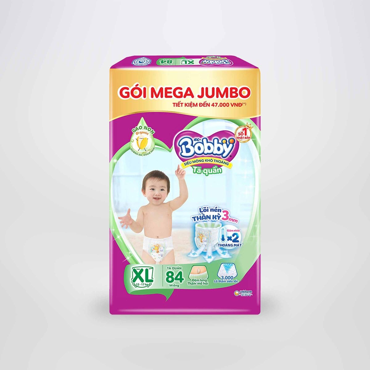 Tã quần Bobby 3mm Mega Jumbo Gạo non
