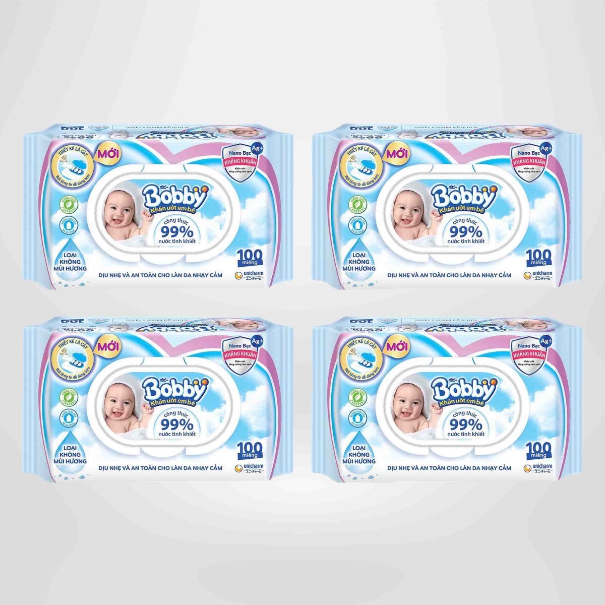 Bộ 4 gói Khăn ướt Bobby không mùi 100 tờ/gói (Xanh)