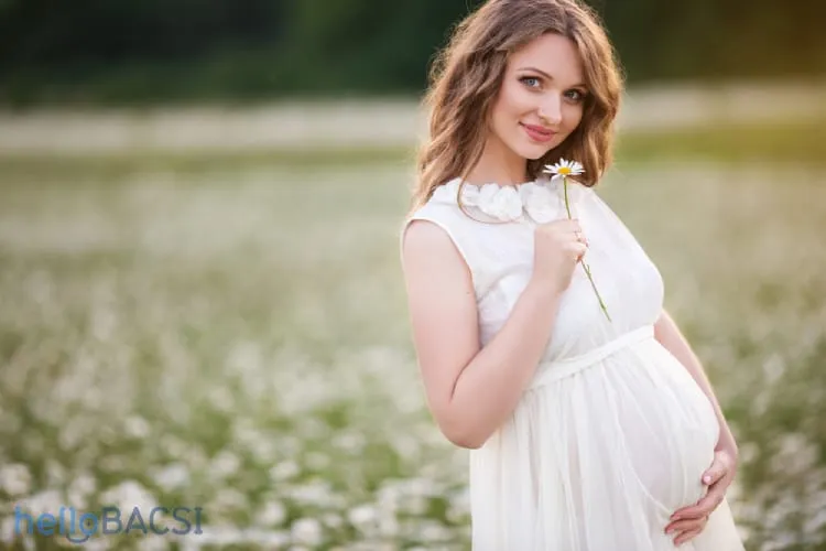 bà bầu bên cánh đồng hoa