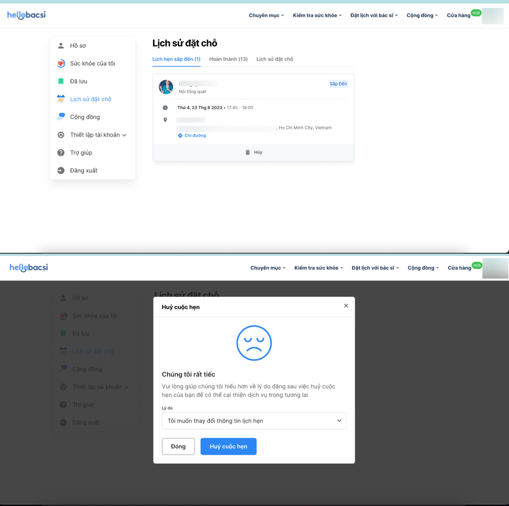 Hình ảnh người dùng thao tác “hủy lịch hẹn