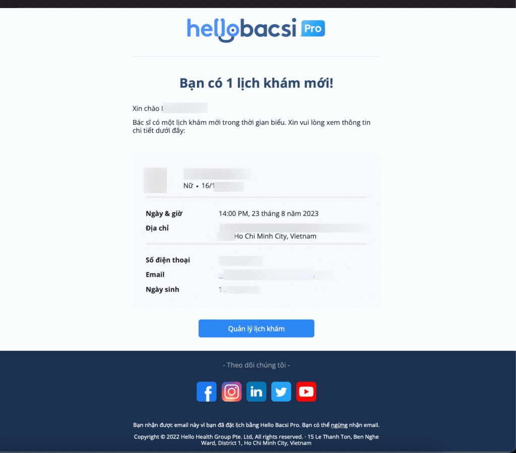 Hình ảnh email báo cho bác sĩ về lịch hẹn
