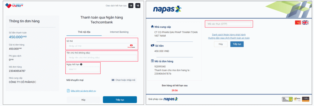 Giao diện thanh toán qua “Thẻ nội địa và tài khoản ngân hàng